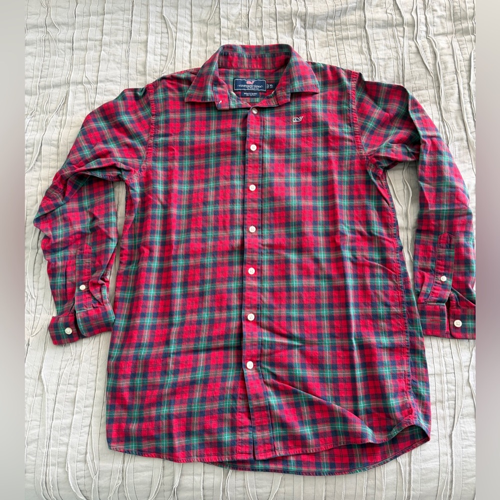 Vineyard Vines Red and Green Plaid 100% Cotton Button-Down Shirt Whale Shirt